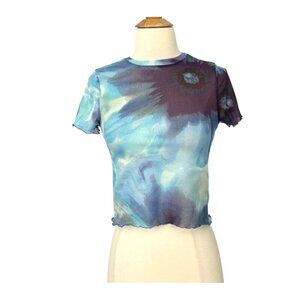 Reformation Womens Buffie Top Blue Purple Mesh Lettuce Hem Cropped Floral Size S